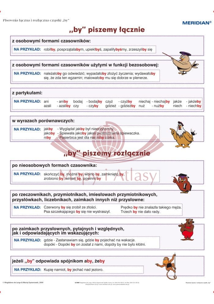 Pisownia łączna i rozłączna z cząstką „by”. Ścienna plansza edukacyjna 90 x 120 cm. Drewniane półwałki