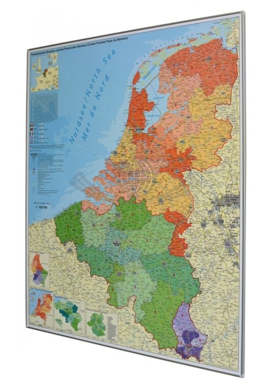 Benelux / Beneluks 1:420 000. Belgia, Holandia, Luksemburg. Mapa administracyjna magnetyczna. Kody pocztowe. Rama alu SLIM