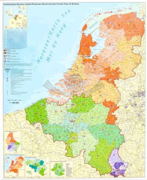 Benelux / Beneluks 1:420 000. Belgia, Holandia, Luksemburg. Mapa administracyjna magnetyczna. Kody pocztowe. Rama alu SLIM