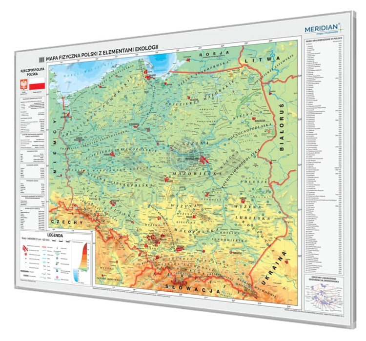Polska 1:600 000. Mapa fizyczna z elementami ekologii do wpinania. Rama alu SLIM