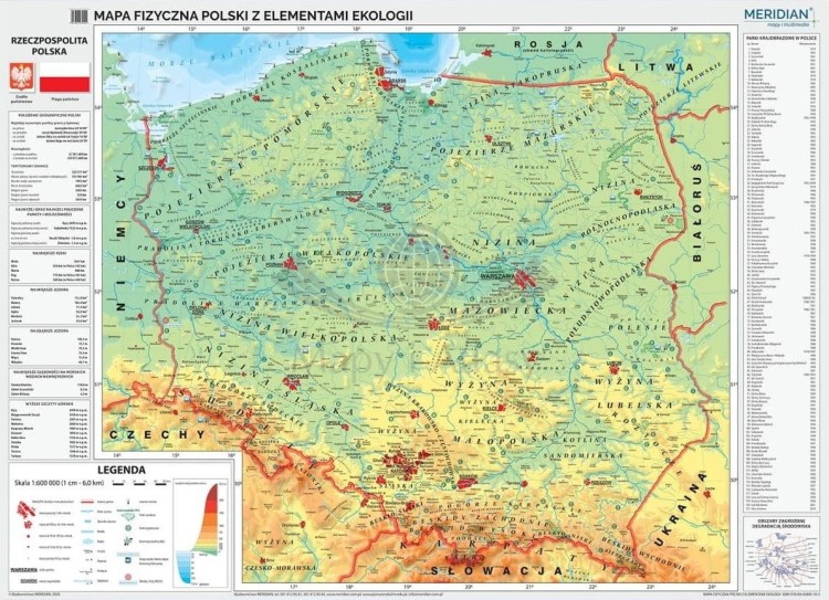 Polska 1:600 000. Mapa fizyczna z elementami ekologii do wpinania. Rama alu SLIM
