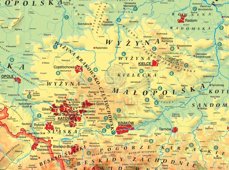 Polska 1:600 000. Mapa fizyczna z elementami ekologii do wpinania. Rama alu SLIM. Fragment