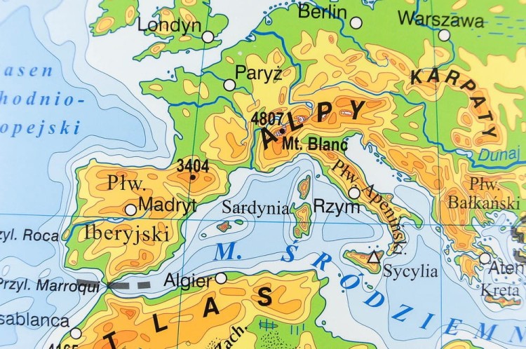 Świat ukształtowanie powierzchni 1:19 000 000. Mapa ogólnogeograficzna (fizyczna). Rama alu SLIM. Fragment 2