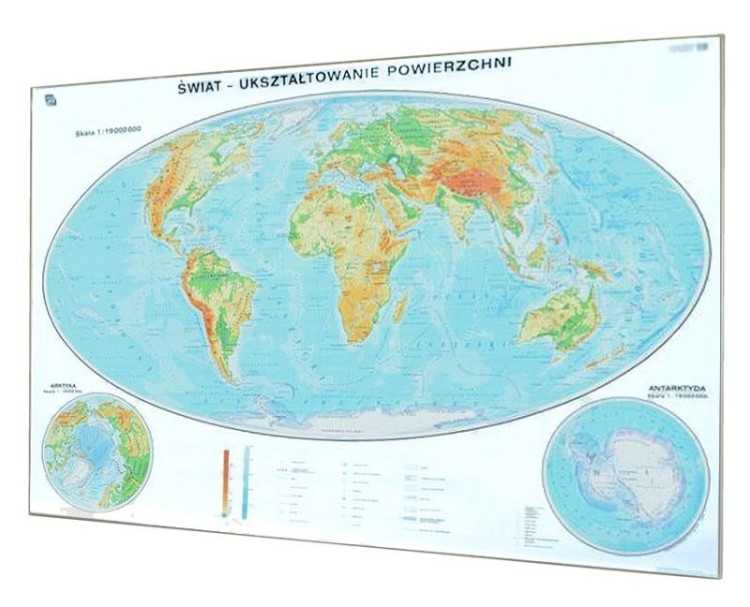 Świat ukształtowanie powierzchni 1:19 000 000. Mapa ogólnogeograficzna (fizyczna) do wpinania. Rama alu SLIM