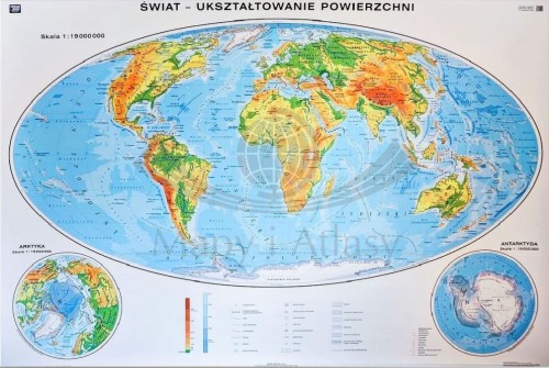 Świat ukształtowanie powierzchni 1:19 000 000. Mapa ogólnogeograficzna (fizyczna) do wpinania. Rama alu SLIM
