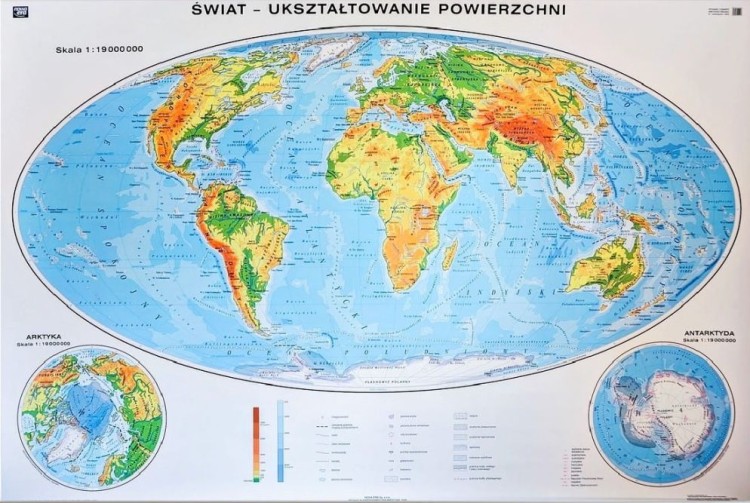 Świat ukształtowanie powierzchni 1:19 000 000. Mapa ogólnogeograficzna (fizyczna) do wpinania. Rama alu SLIM