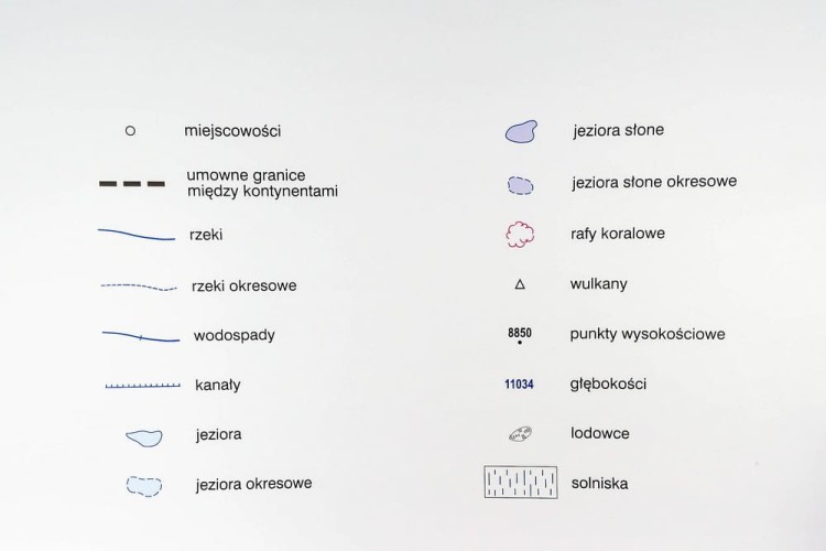 Świat ukształtowanie powierzchni 1:19 000 000. Mapa ogólnogeograficzna (fizyczna) magnetyczna. Rama alu SLIM. Legenda