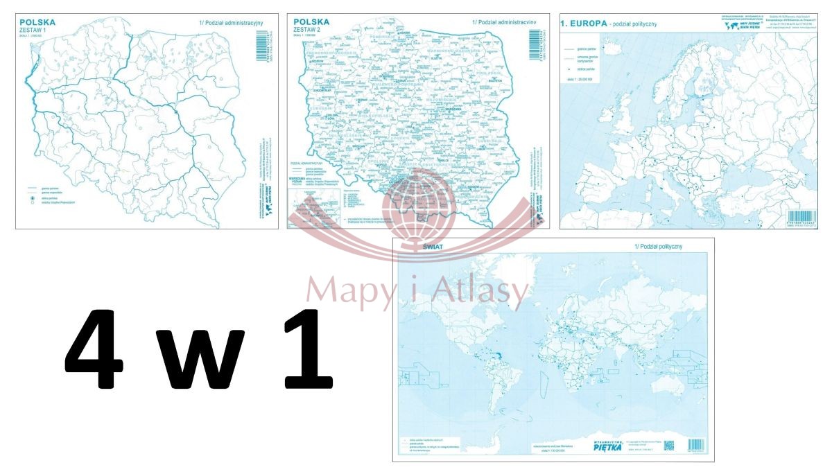 Polska, Europa, świat. Zestaw: 4 x bloczki - mapy konturowe