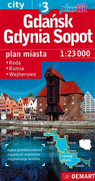 Trójmiasto / Gdańsk, Gdynia, Sopot +3. Reda, Rumia, Wejherowo. Laminowana mapa / Plan miasta wydawnictwa Demart. Okładka