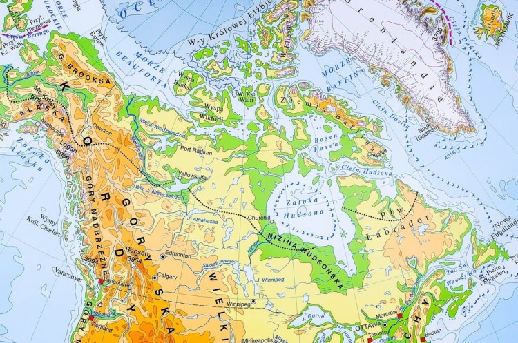 Ameryka Północna. Ukształtowanie powierzchni. Mapa fizyczna. Rama alu SLIM. Fragment 1