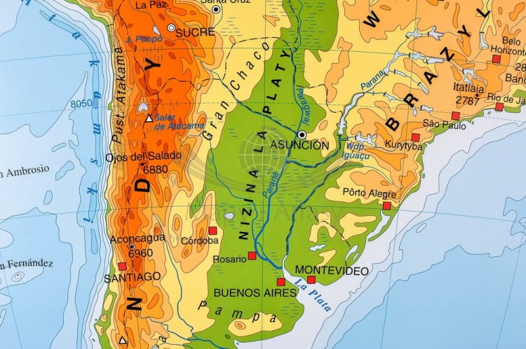 Ameryka Południowa. Ukształtowanie powierzchni. Mapa fizyczna magnetyczna. Rama alu SLIM. Fragment 3
