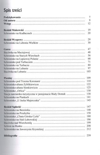 Schroniska górskie dawniej i dziś. Beskid Makowski, Beskid Wyspowy, Gorce, Pieniny i Beskid Sądecki wydawnictwa Logos. Spis treści