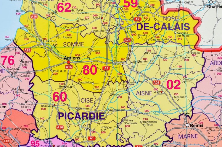 Francja 1:1 000 000. Mapa administracyjna do wpinania. Kody pocztowe. Rama alu SLIM. Fragment 1