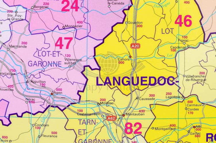 Francja 1:1 000 000. Mapa administracyjna do wpinania. Kody pocztowe. Rama alu SLIM. Fragment 3