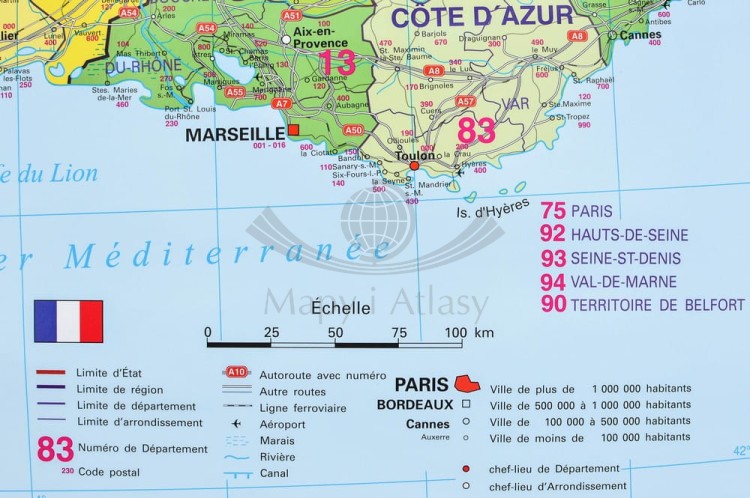 Francja 1:1 000 000. Mapa administracyjna do wpinania. Kody pocztowe. Rama alu SLIM. Fragment 10