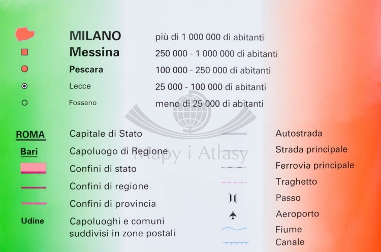 Włochy 1:1 000 000. Mapa administracyjna do wpinania. Kody pocztowe. Rama alu SLIM. Legenda
