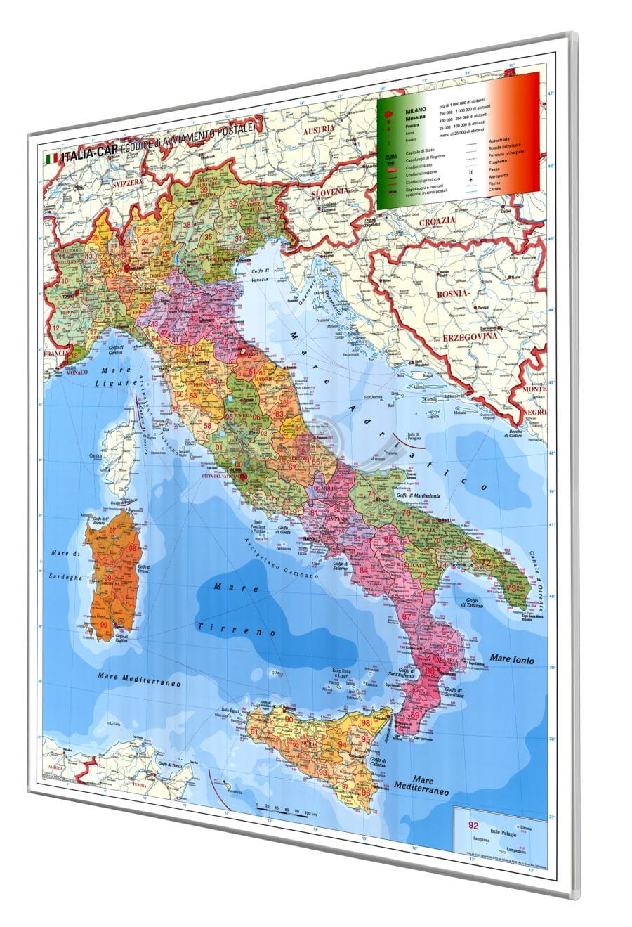 Włochy 1:1 000 000. Mapa administracyjna magnetyczna. Kody pocztowe. Rama alu SLIM