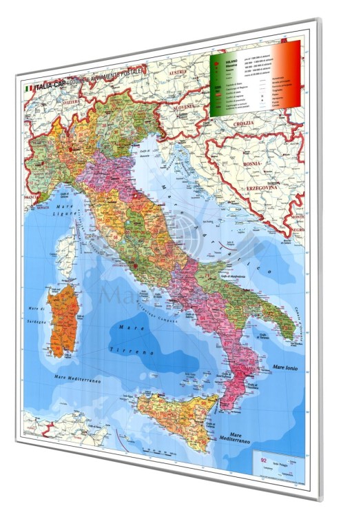Włochy 1:1 000 000. Mapa administracyjna magnetyczna. Kody pocztowe. Rama alu SLIM