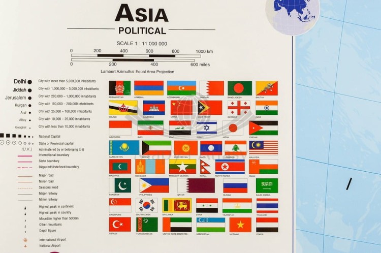 Azja 1:11 000 000. Mapa polityczna magnetyczna. Rama alu SLIM. Legenda