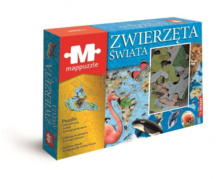 Zwierzęta świata. Mapa fizyczna. Puzzle. Demart