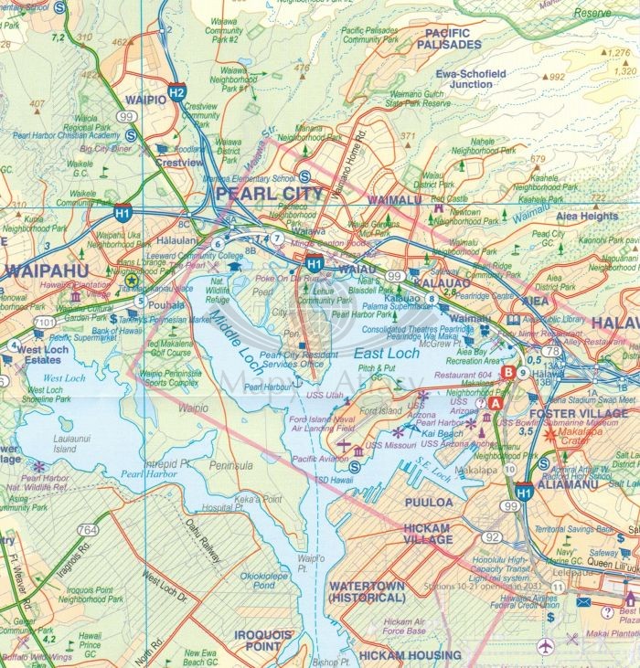 Honolulu i Oahu. Wodoodporna mapa samochodowo-turystyczna wydawnictwa ITMB. Fragment 1