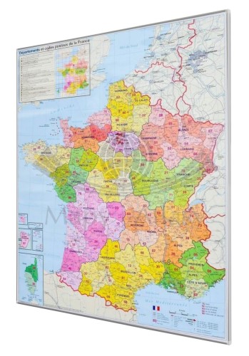 Francja 1:1 000 000. Mapa administracyjna magnetyczna. Kody pocztowe. Rama alu SLIM