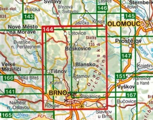 Brno. Morawski Kras / Okoli Brna, Moravsky Kras. Mapa turystyczna, rowerowa 144 wydawnictwa Shocart. Zasięg