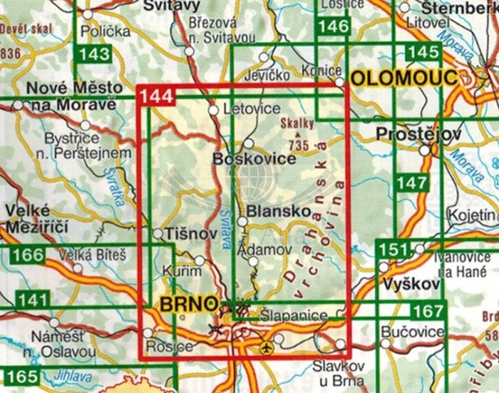 Brno. Morawski Kras / Okoli Brna, Moravsky Kras. Mapa turystyczna, rowerowa 144 wydawnictwa Shocart. Zasięg