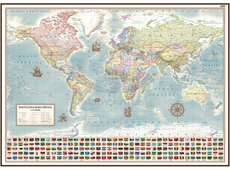 Świat 1:21 200 000. Mapa polityczna, stylizowana. Wersja do wpinania