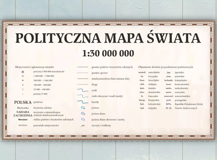 Świat 1:30 000 000. Arkusz, mapa ścienna polityczna, stylizowana. Legenda