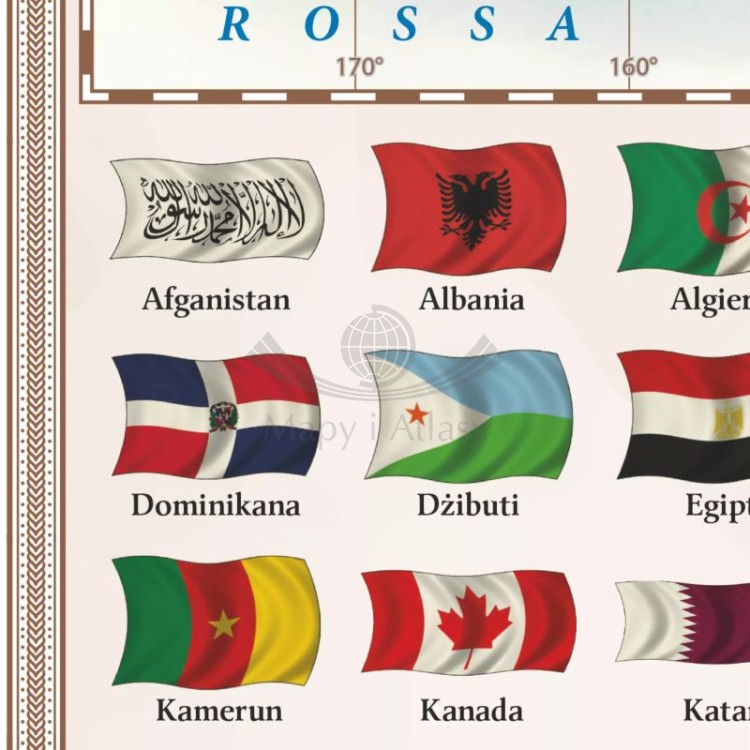 Świat 1:30 000 000. Mapa polityczna, stylizowana w ramie drewnianej. Fragment 4