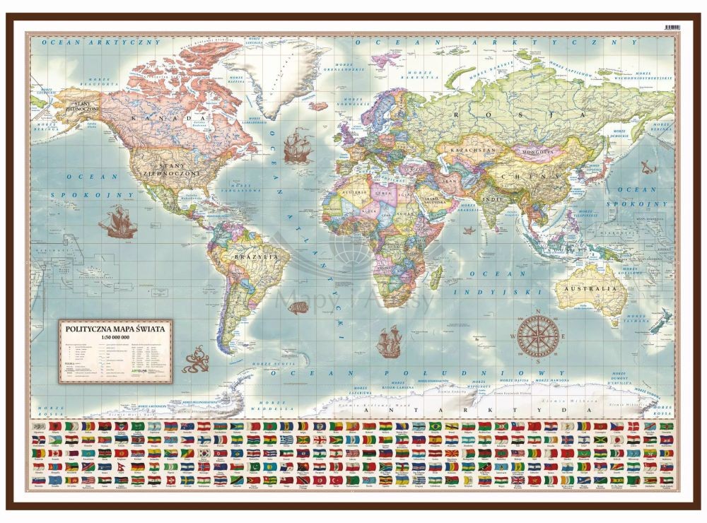 Świat 1:30 000 000. Mapa polityczna, stylizowana w ramie drewnianej
