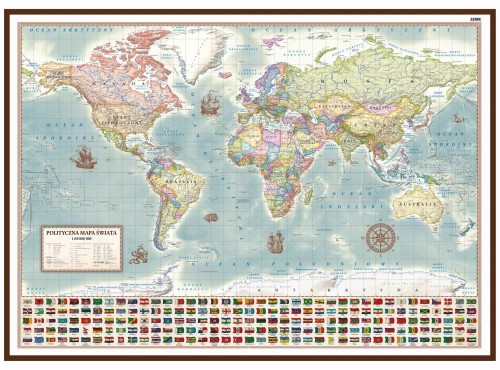 Świat 1:30 000 000. Mapa polityczna, stylizowana w ramie drewnianej