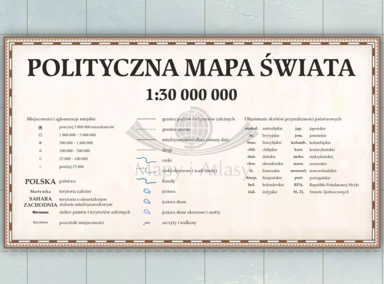 Świat 1:30 000 000. Mapa polityczna, stylizowana. Wersja magnetyczna. Legenda