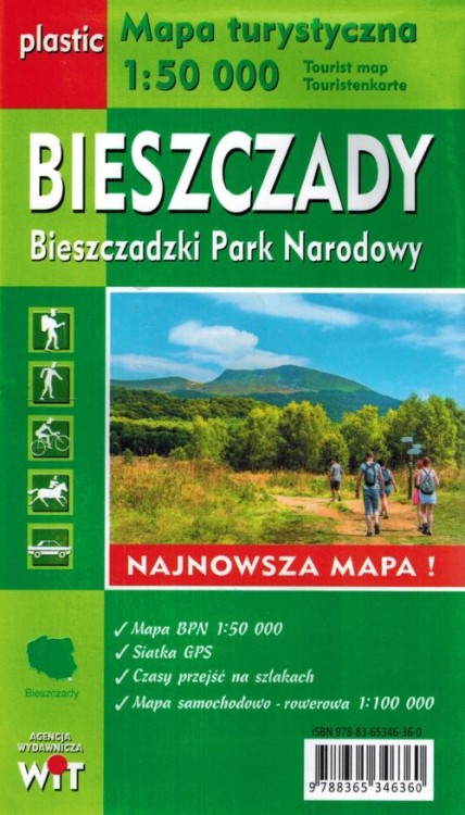 Bieszczady 1:100 000 / Bieszczadzki Park Narodowy 1:50 000. Laminowana mapa turystyczna wydawnictwa WiT. Okładka