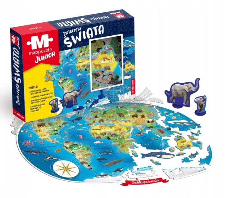 Zwierzęta świata. Mapa fizyczna. Puzzle Junior wydawnictwa  Demart.