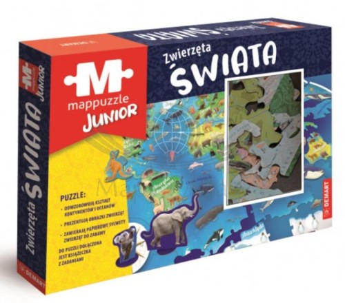 Zwierzęta świata. Mapa fizyczna. Puzzle Junior wydawnictwa  Demart. Okładka