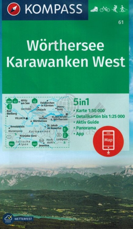 Worthersee, Karawanken West. Wodoodporna mapa turystyczna 61 wydawnictwa Kompass. Okładka