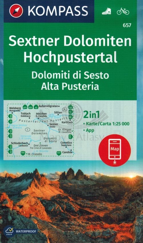 Sextner Dolomiten Hochpustertal. Dolomiti di Sesto, Alta Pusteria. Wodoodporna mapa turystyczna 657. Kompass