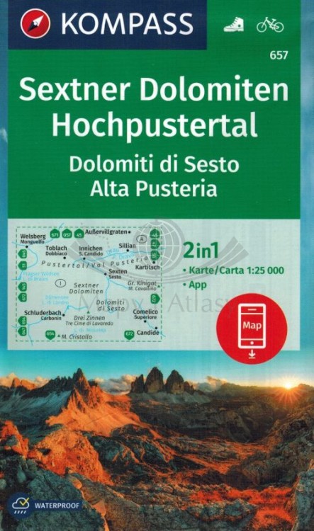 Sextner Dolomiten Hochpustertal. Dolomiti di Sesto, Alta Pusteria. Wodoodporna mapa turystyczna 625 wydawnictwa Kompass. Okładka
