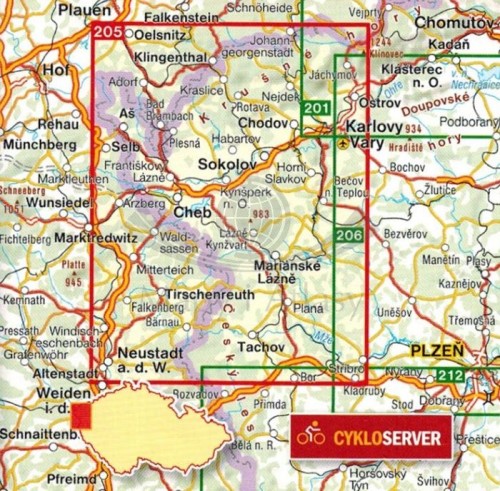 Zachodnioczeskie Uzdrowiska, Las Sławkowski, Tachovsko / Zapadoceske Lazne, Slavkovsky Les. Mapa turystyczna 205 wydawnictwa Shocart. Zasięg