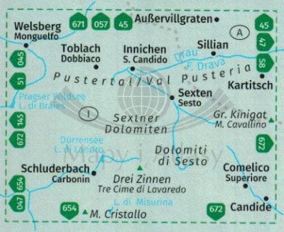 Sextner Dolomiten Hochpustertal. Dolomiti di Sesto, Alta Pusteria. Wodoodporna mapa turystyczna 625 wydawnictwa Kompass. Zasięg