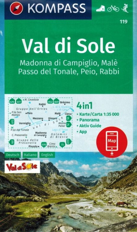 Val di Sole. Madonna di Campiglio - Male - Passo del Tonale - Peio - Rabbi. Mapa turystyczna 119 wydawnictwa Kompass. Okładka