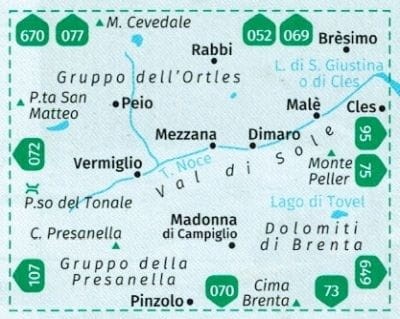 Val di Sole. Madonna di Campiglio - Male - Passo del Tonale - Peio - Rabbi. Mapa turystyczna 119 wydawnictwa Kompass. Zasięg