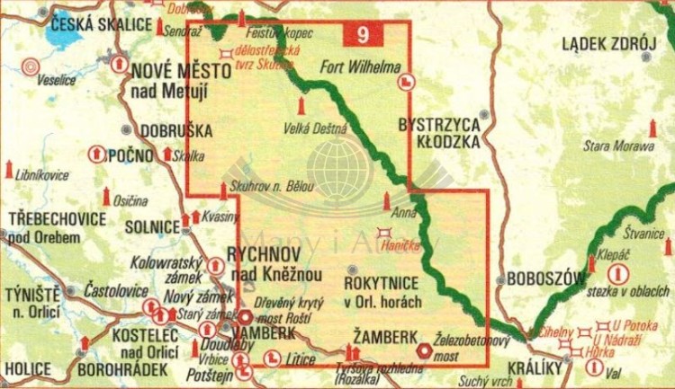 Orlicke Hory / Góry Orlickie. Wodoodporna mapa turystyczna 9 wydawnictwa Geodezie On Line. Zasięg