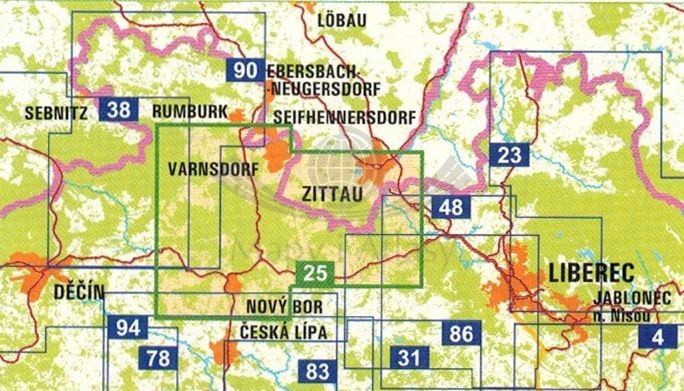 Góry Łużyckie i Żytawskie. Mapa turystyczna 25 w etui wydawnictwa Geodezie On Line. Zasięg