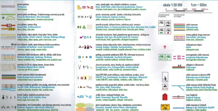 Karkonosze, Góry Izerskie. Mapa rowerowa wydawnictwa Galileos. Legenda 1