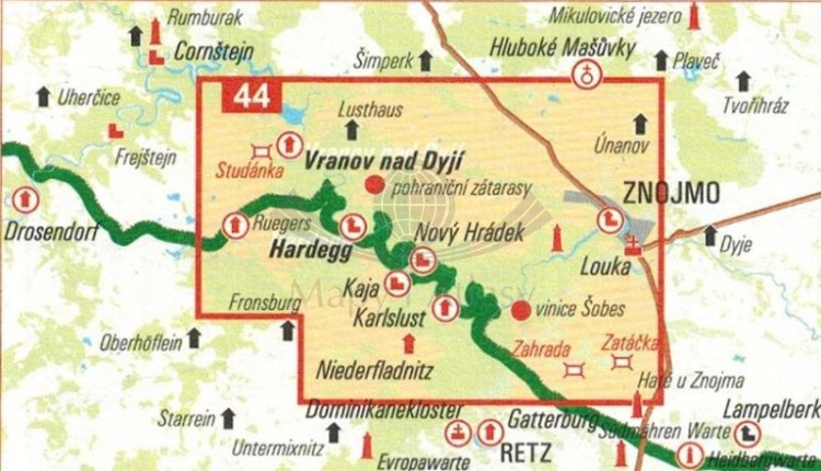Podyji - Thayatal / Park Narodowy Podyje. Wodoodporna mapa turystyczna 44 w etui wydawnictwa Geodezie On Line. Zasięg