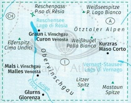 Vinschgau Val Venosta. Zestaw trzech map turystycznych wydawnictwa Kompass. Mapa 1 - zasięg