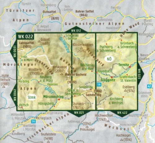 Schneeberg - Rax, Wander-, Rad- und Freizeitkarte. Wodoodporna mapa turystyczna WK 022 wydawnictwa Freytag & Berndt. Zasięg